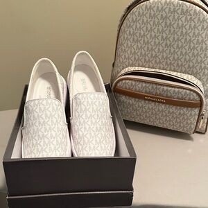 Michael Kors White and Brown Slip-On Shoes with Backpack